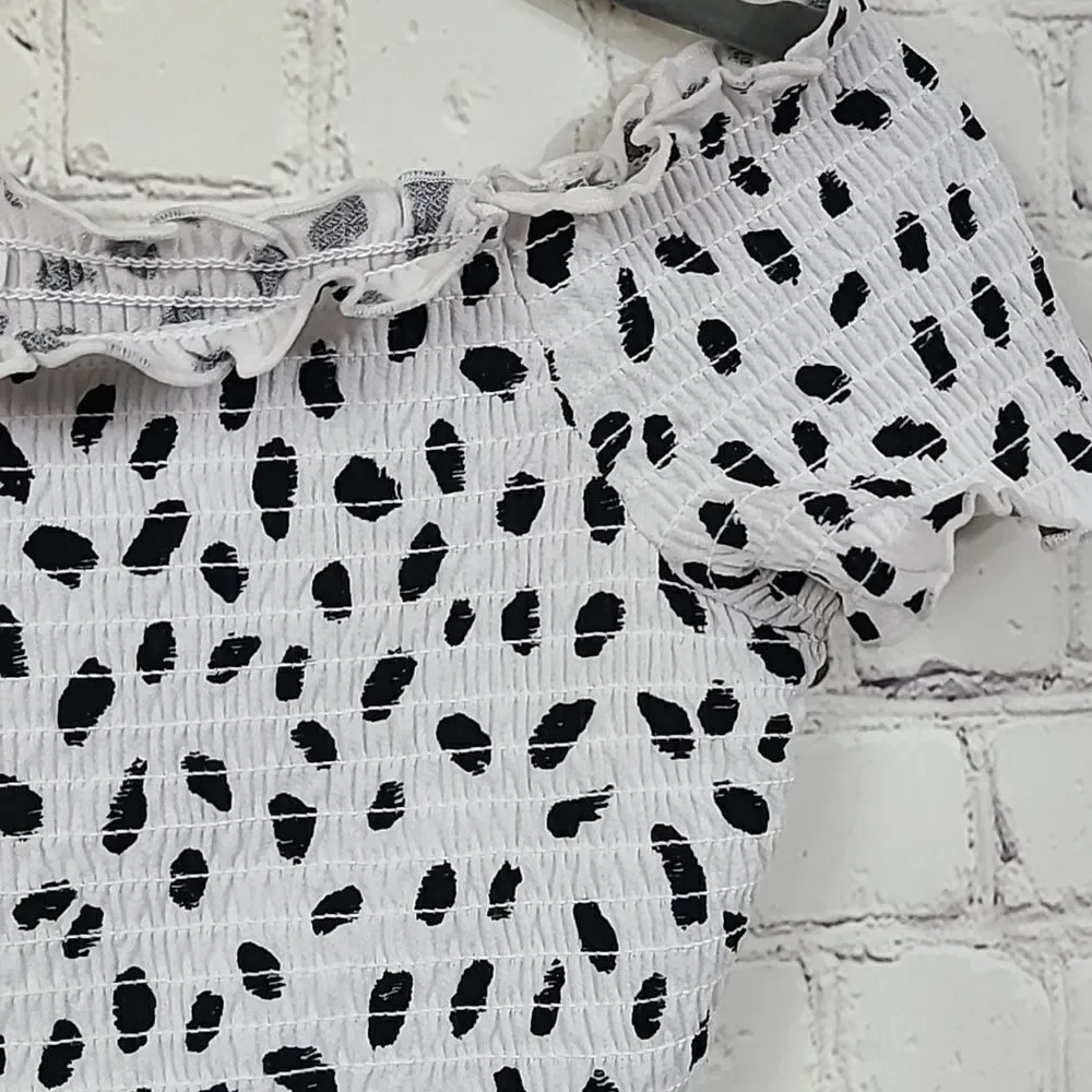 Bar III Animal Print Off Shoulder Smocked Top Black White Fitted XS Going Out